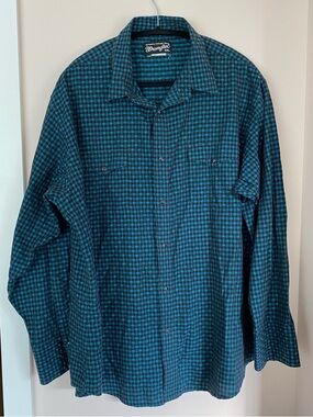 Vintage Wrangler Teal & Black Plaid Button-Up Shirt